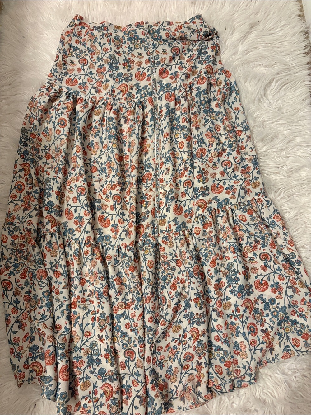 Max Studio Floral Tiered Maxi Skirt in Cream, Blue, Rust